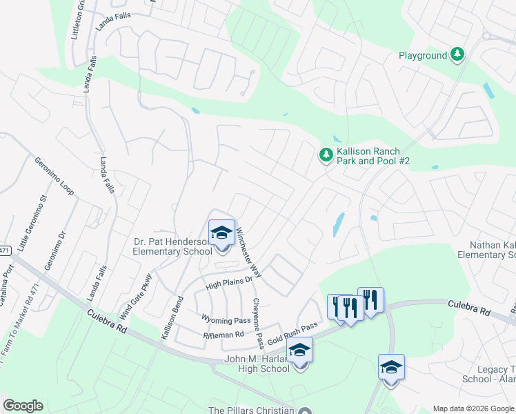 map of restaurants, bars, coffee shops, grocery stores, and more near 8907 Wyatt's Run in San Antonio