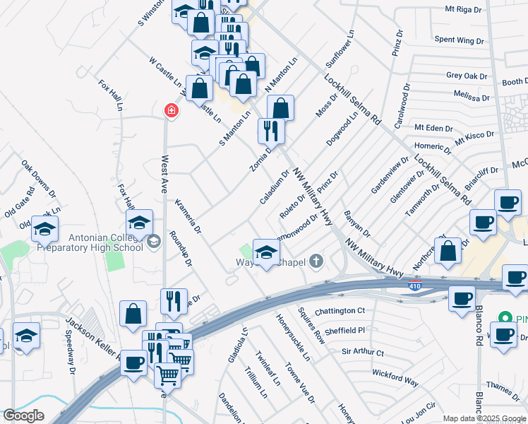 map of restaurants, bars, coffee shops, grocery stores, and more near 206 Caladium Drive in San Antonio