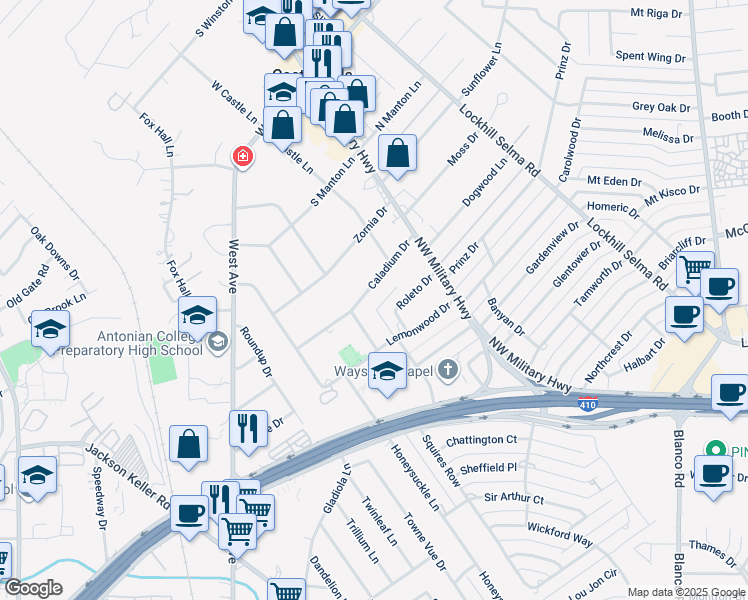 map of restaurants, bars, coffee shops, grocery stores, and more near 206 Caladium Dr in San Antonio