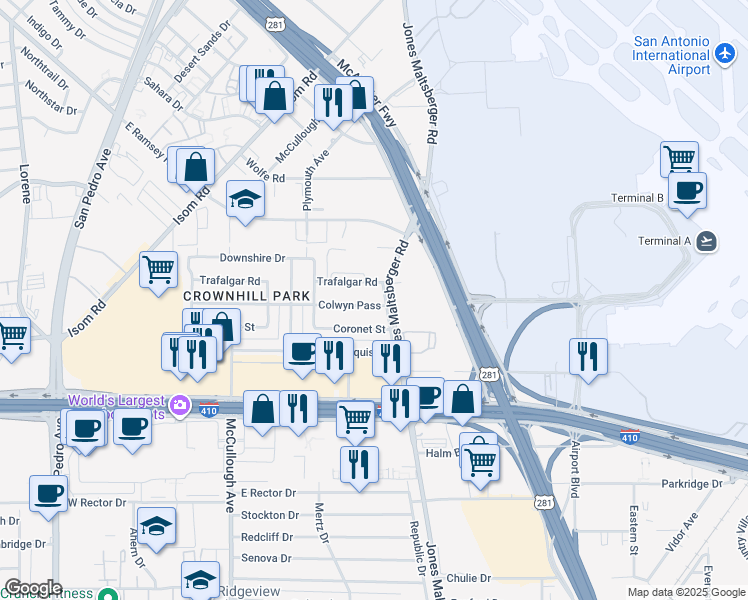 map of restaurants, bars, coffee shops, grocery stores, and more near 719 Colwyn Pass in San Antonio
