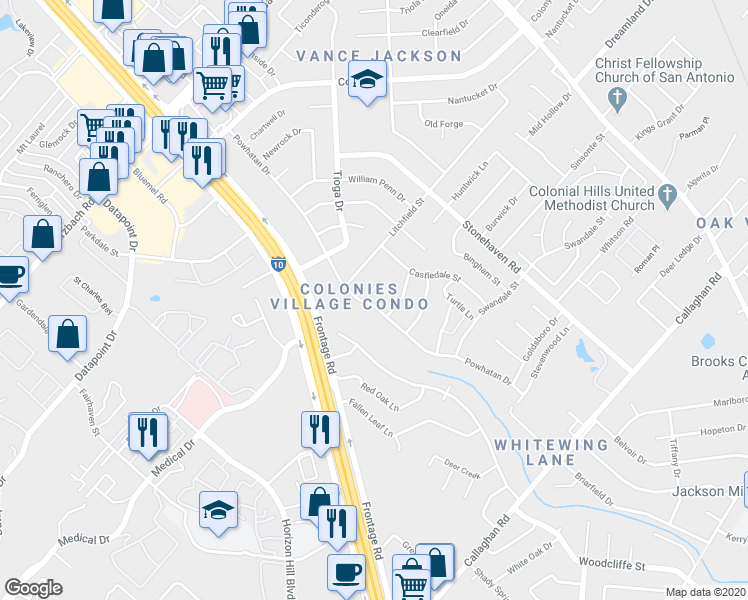 map of restaurants, bars, coffee shops, grocery stores, and more near 3518 Kingbard Street in San Antonio