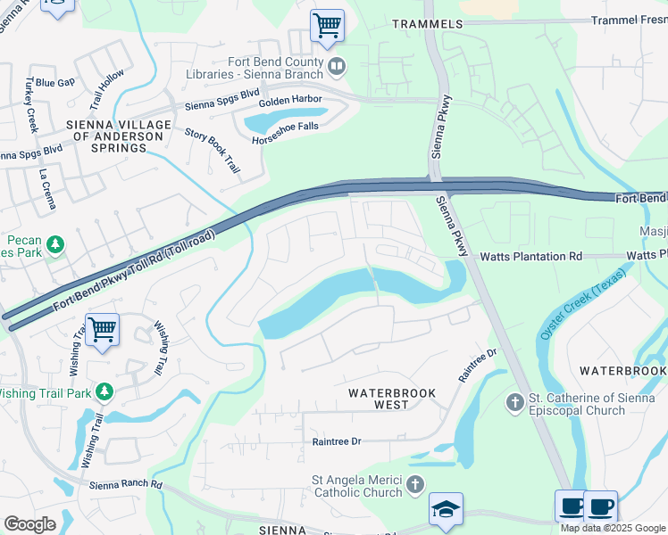 map of restaurants, bars, coffee shops, grocery stores, and more near 5311 Priamus Drive in Missouri City