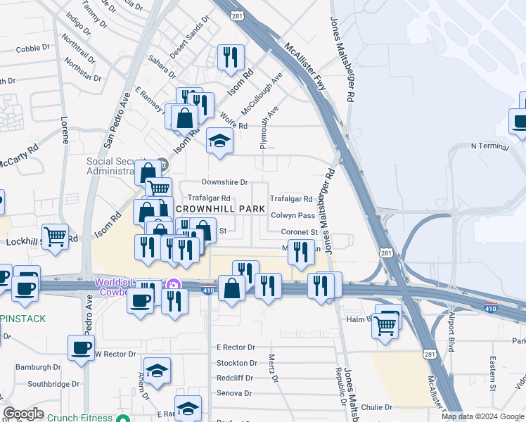 map of restaurants, bars, coffee shops, grocery stores, and more near 9203 Whitehall Street in San Antonio