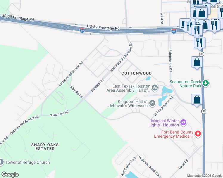 map of restaurants, bars, coffee shops, grocery stores, and more near 819 Coffee Mill Creek Lane in Rosenberg
