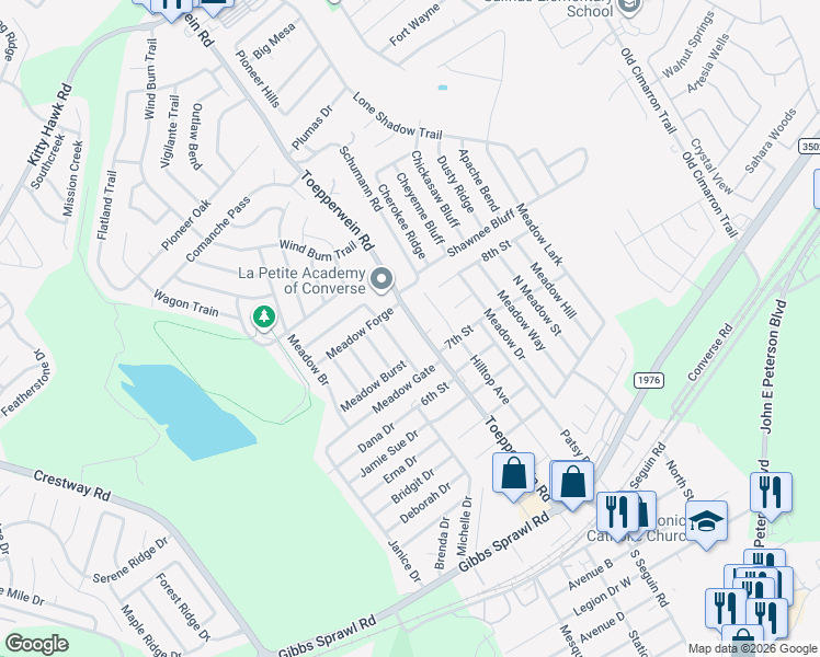 map of restaurants, bars, coffee shops, grocery stores, and more near 817 Toepperwein Road in Converse