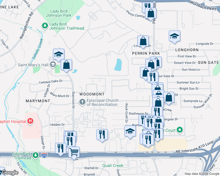 map of restaurants, bars, coffee shops, grocery stores, and more near 9231 Overton Road in San Antonio
