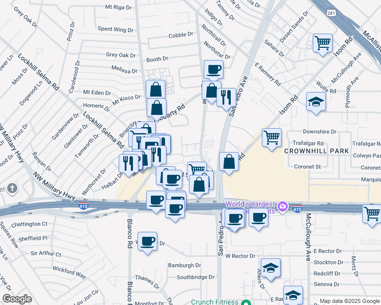 map of restaurants, bars, coffee shops, grocery stores, and more near 7226 Blanco Road in San Antonio