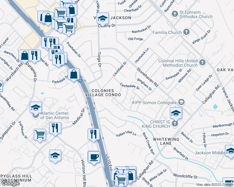 map of restaurants, bars, coffee shops, grocery stores, and more near 3414 Hopecrest Drive in San Antonio