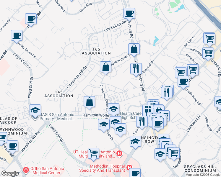 map of restaurants, bars, coffee shops, grocery stores, and more near 8800 Cinnamon Creek Drive in San Antonio