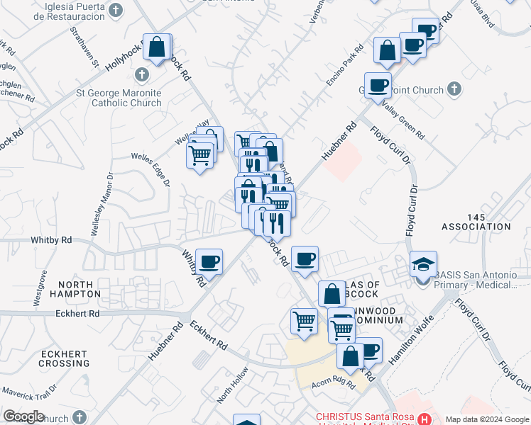 map of restaurants, bars, coffee shops, grocery stores, and more near 5801 Babcock Road in San Antonio