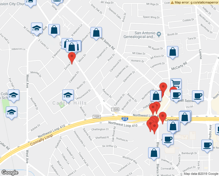 map of restaurants, bars, coffee shops, grocery stores, and more near 202 Gardenview Drive in San Antonio