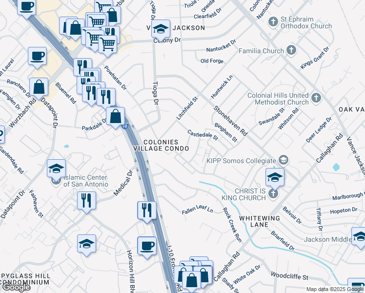 map of restaurants, bars, coffee shops, grocery stores, and more near 3414 Hopecrest Drive in San Antonio