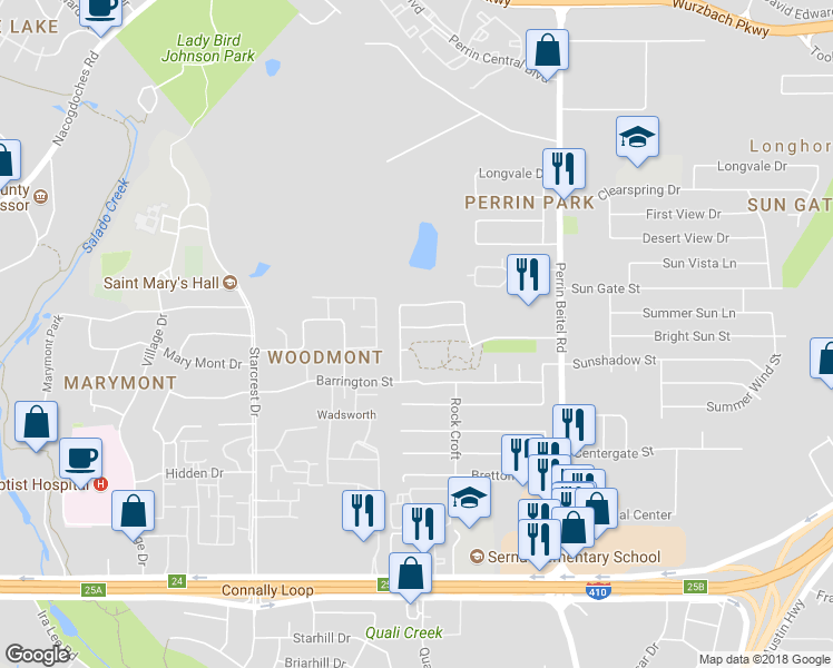 map of restaurants, bars, coffee shops, grocery stores, and more near 4010 Mooresfield Street in San Antonio