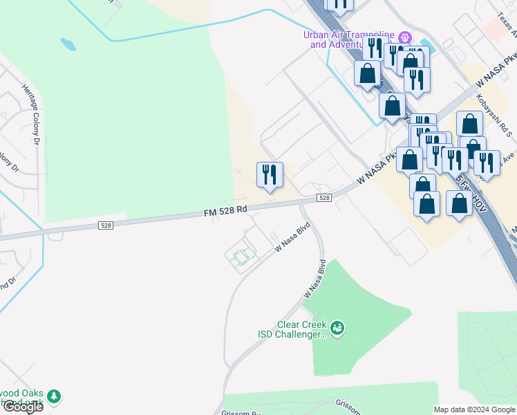 map of restaurants, bars, coffee shops, grocery stores, and more near 1755 FM 528 Road in Webster