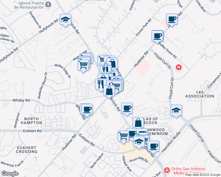 map of restaurants, bars, coffee shops, grocery stores, and more near 5801 Babcock Road in San Antonio