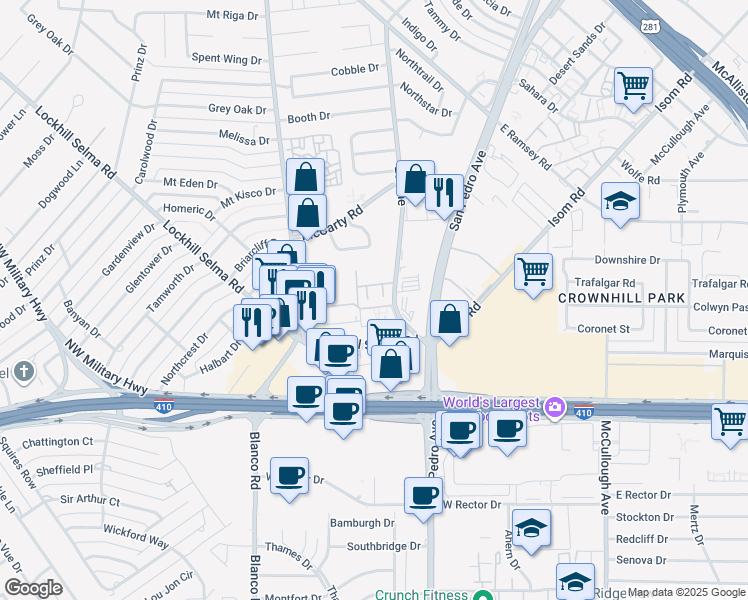 map of restaurants, bars, coffee shops, grocery stores, and more near 7226 Blanco Road in San Antonio