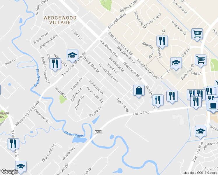 map of restaurants, bars, coffee shops, grocery stores, and more near 16907 Townes Road in Friendswood