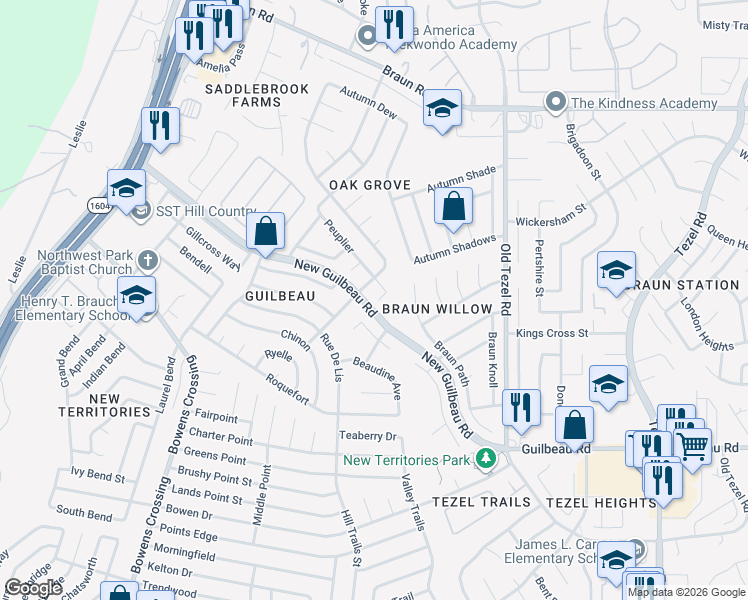 map of restaurants, bars, coffee shops, grocery stores, and more near 9403 Arbois in San Antonio