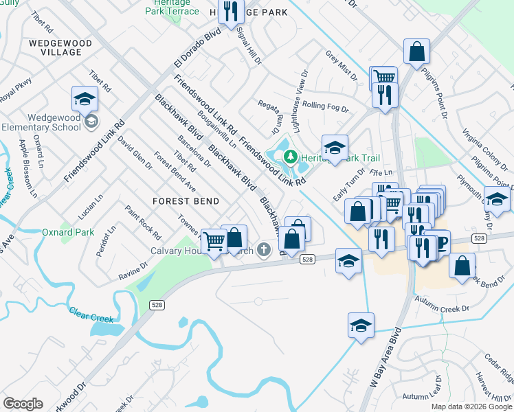 map of restaurants, bars, coffee shops, grocery stores, and more near 17123 Barcelona Drive in Friendswood