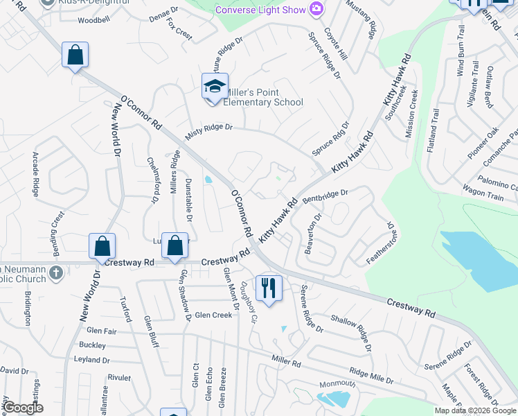 map of restaurants, bars, coffee shops, grocery stores, and more near 7347 Kitty Hawk Road in Converse