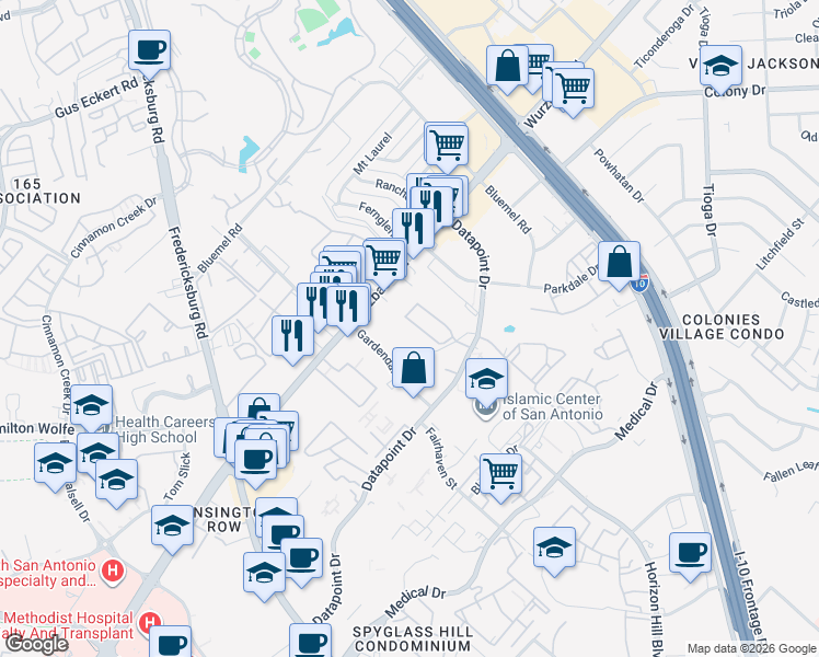 map of restaurants, bars, coffee shops, grocery stores, and more near 4140 Copano Bay in San Antonio
