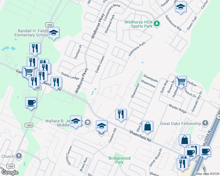 map of restaurants, bars, coffee shops, grocery stores, and more near 10902 Gallop Falls in San Antonio