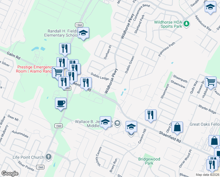 map of restaurants, bars, coffee shops, grocery stores, and more near 11126 Dublin Circle in San Antonio