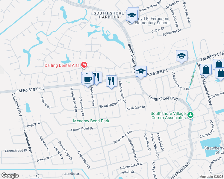map of restaurants, bars, coffee shops, grocery stores, and more near 2930 Meadow Brook Drive in League City