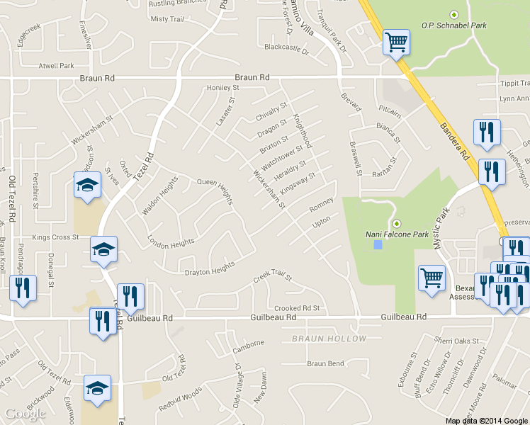 map of restaurants, bars, coffee shops, grocery stores, and more near 8514 Kingsway Street in San Antonio