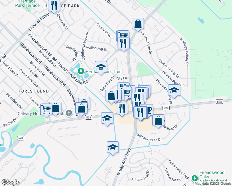 map of restaurants, bars, coffee shops, grocery stores, and more near 17315 Heritage House Cir in Webster