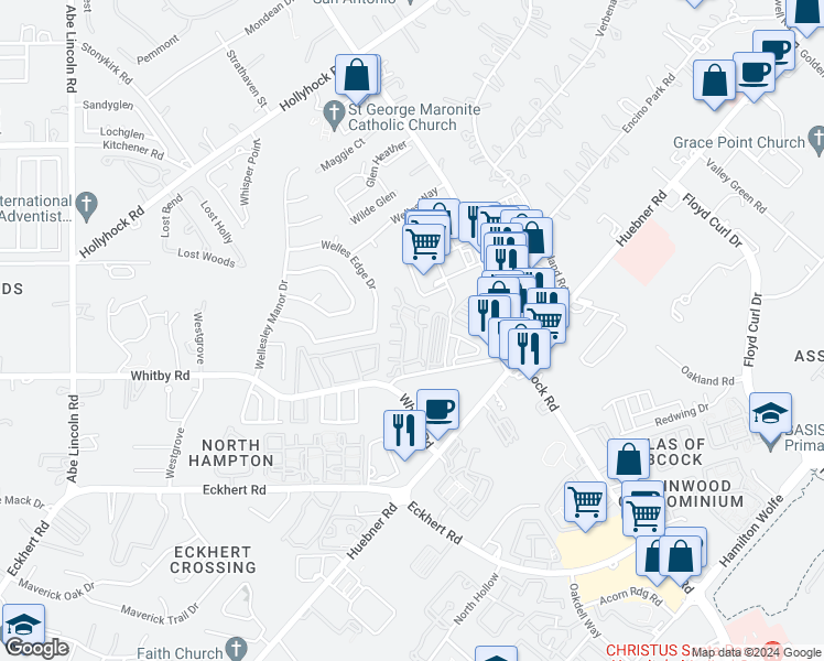 map of restaurants, bars, coffee shops, grocery stores, and more near 6039 Whitby Road in San Antonio