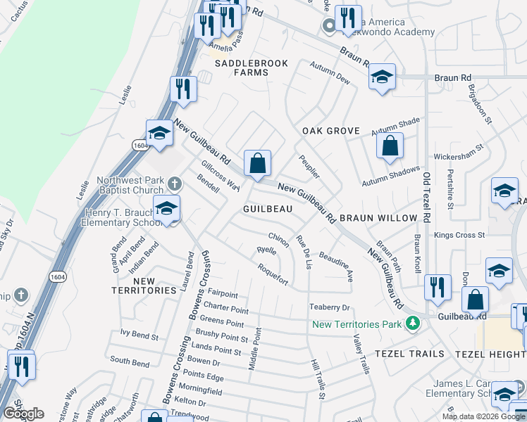 map of restaurants, bars, coffee shops, grocery stores, and more near in San Antonio