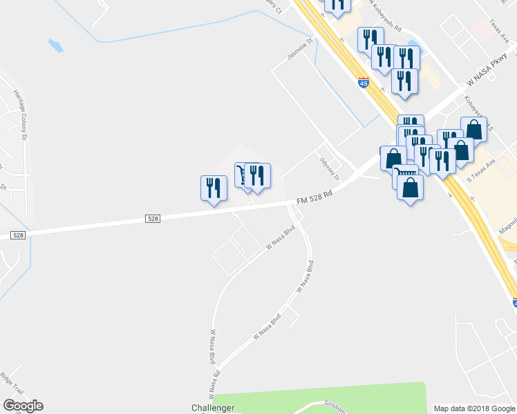 map of restaurants, bars, coffee shops, grocery stores, and more near 1707 Farm to Market Road 528 in Webster