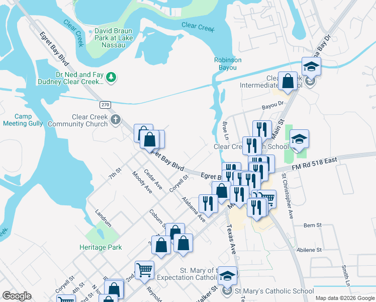 map of restaurants, bars, coffee shops, grocery stores, and more near 604 Francis Court in League City