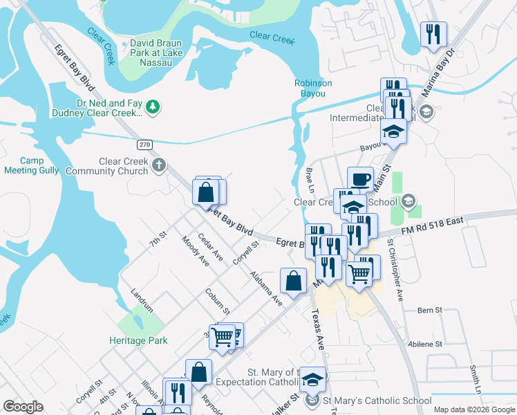 map of restaurants, bars, coffee shops, grocery stores, and more near 604 Francis Court in League City