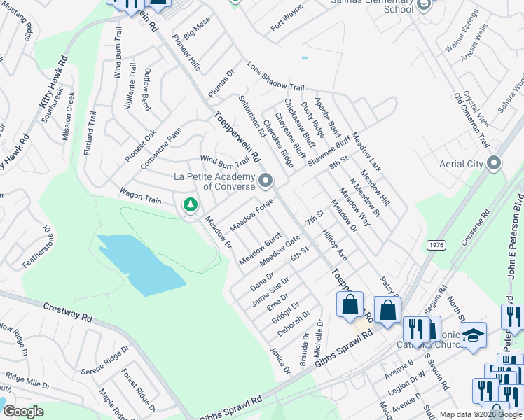 map of restaurants, bars, coffee shops, grocery stores, and more near 818 Meadow Peak in Converse