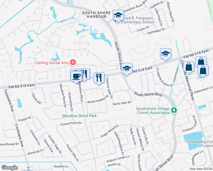 map of restaurants, bars, coffee shops, grocery stores, and more near 117 Chariss Glen Drive in League City