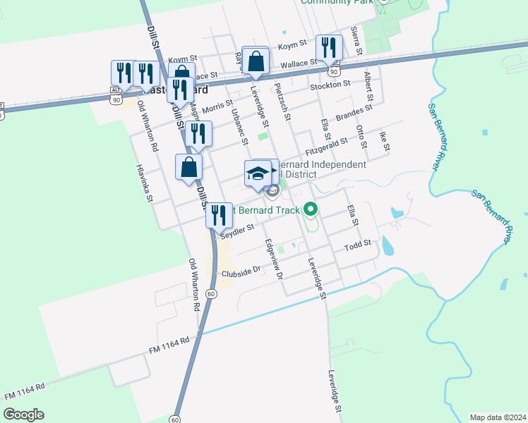 map of restaurants, bars, coffee shops, grocery stores, and more near 630 Urbanec Street in East Bernard