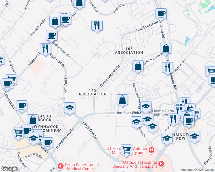 map of restaurants, bars, coffee shops, grocery stores, and more near 8923 Branding Field in San Antonio