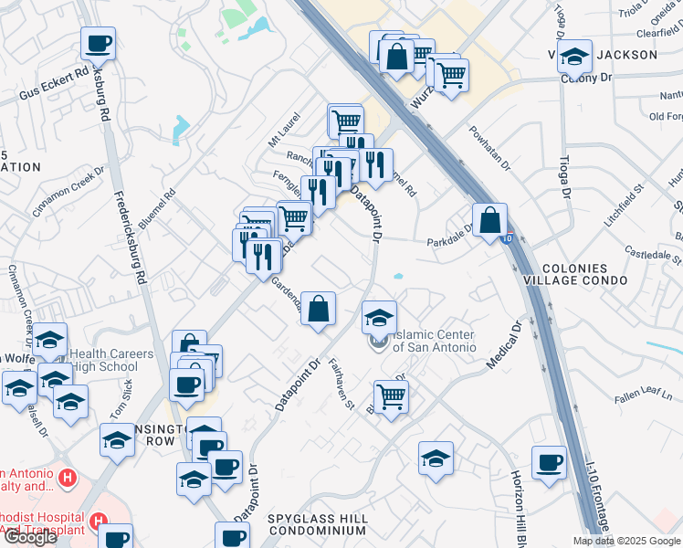 map of restaurants, bars, coffee shops, grocery stores, and more near 4118 Saint Charles Bay in San Antonio