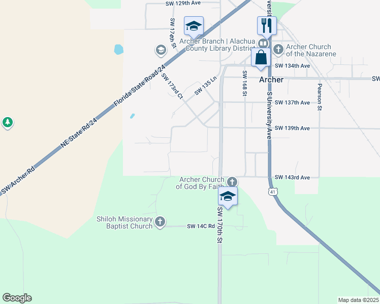 map of restaurants, bars, coffee shops, grocery stores, and more near 17199 SW 141st Rd in Archer