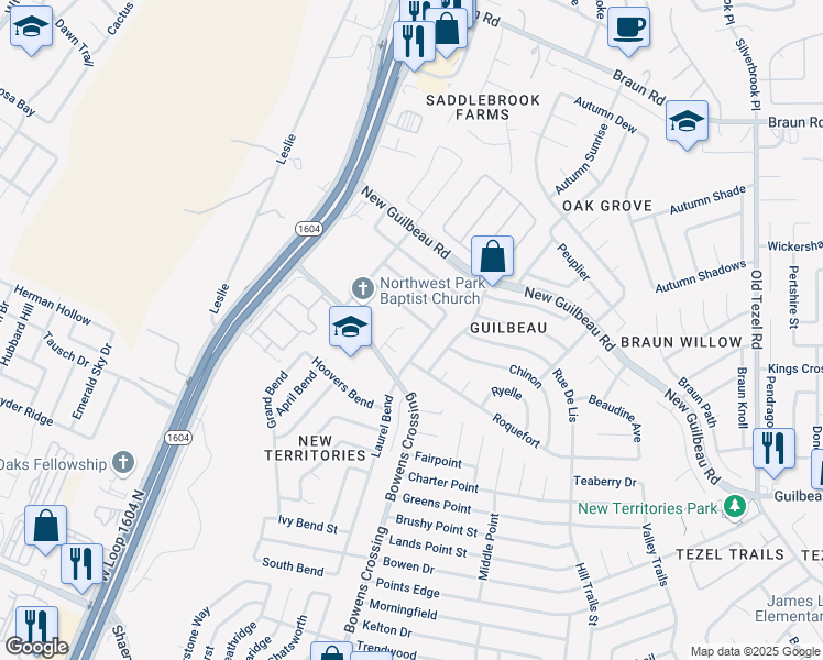 map of restaurants, bars, coffee shops, grocery stores, and more near 8423 Laurel Bend in San Antonio