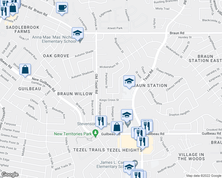 map of restaurants, bars, coffee shops, grocery stores, and more near 9310 New London Street in San Antonio