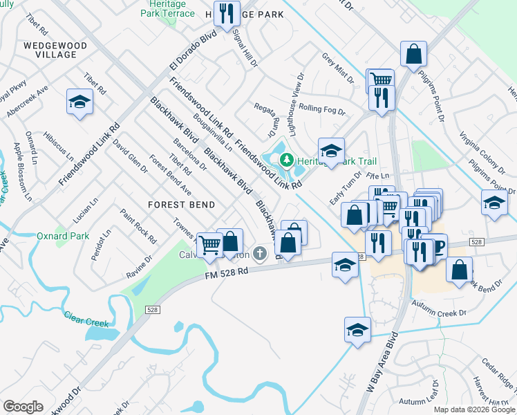 map of restaurants, bars, coffee shops, grocery stores, and more near 17136 Blackhawk Boulevard in Friendswood