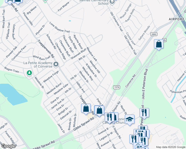 map of restaurants, bars, coffee shops, grocery stores, and more near 116 North Meadow Street in Converse