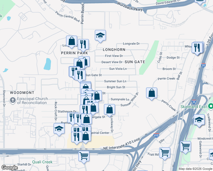 map of restaurants, bars, coffee shops, grocery stores, and more near 4319 Bright Sun Street in San Antonio