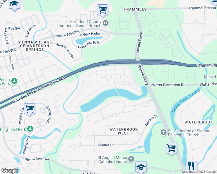 map of restaurants, bars, coffee shops, grocery stores, and more near 5311 Priamus Drive in Missouri City