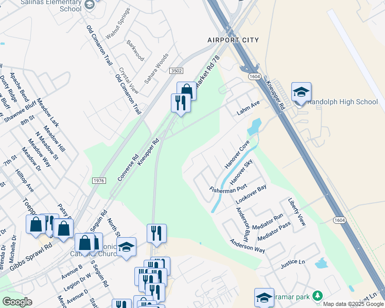 map of restaurants, bars, coffee shops, grocery stores, and more near 9603 Harbor Mist Lane in Converse