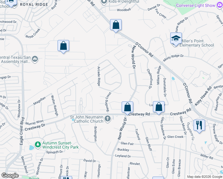 map of restaurants, bars, coffee shops, grocery stores, and more near 9403 Bending Crest in San Antonio