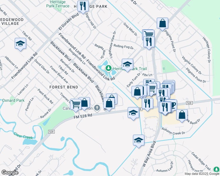 map of restaurants, bars, coffee shops, grocery stores, and more near 17201 Blackhawk Boulevard in Friendswood